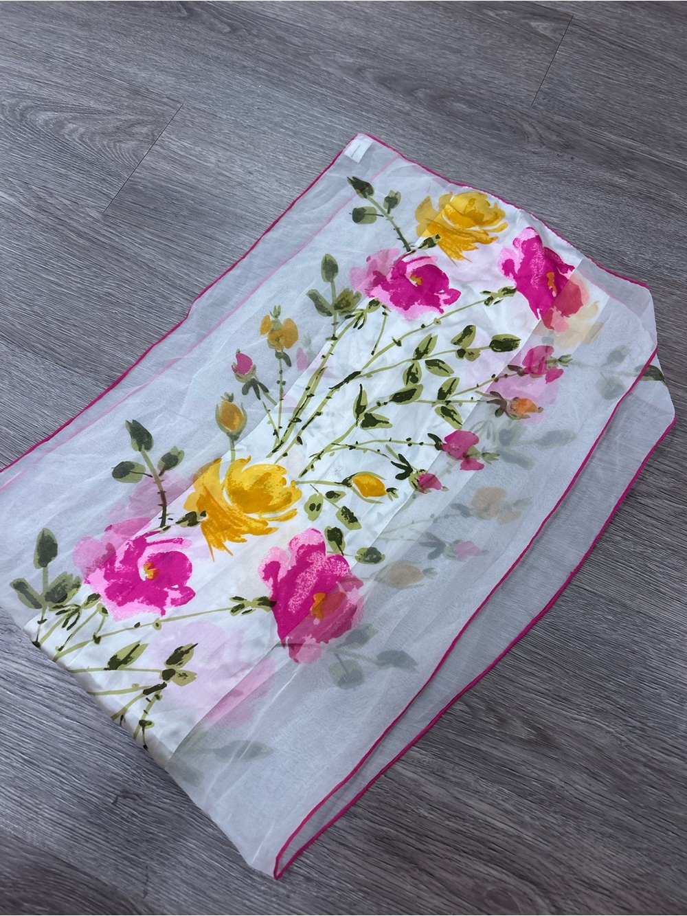 Vintage Vera Silk Sheer Floral Scarf with Pink & Yellow Roses